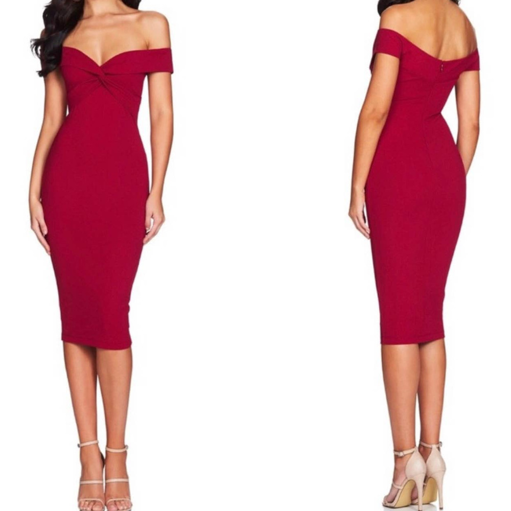 NWT Nookie Women's Size XL Dolly Off-the-Shoulder Ruby Red Midi Dress v6x